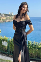 Charming Column Satin Lace Off-The-Shoulder Sleeveless Black Prom Evening Dresses With Split Front